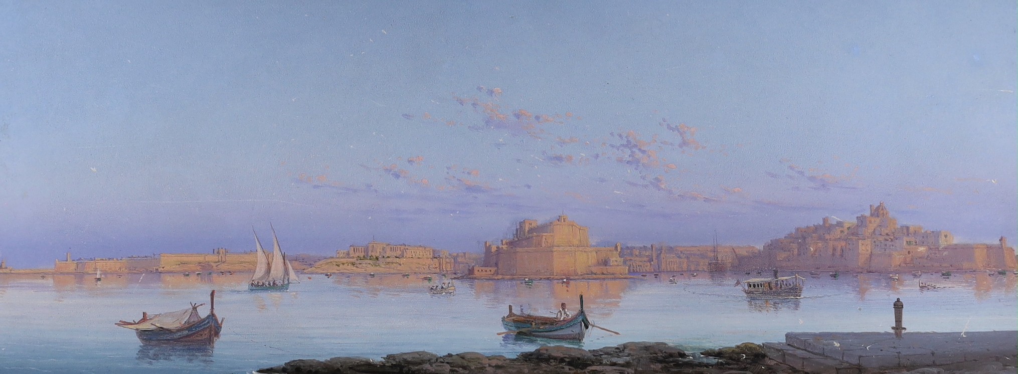 Luigi Maria Galea (Maltese, 1847-1917), oil on paper, View of Valetta harbour, Malta, initialled, 20 x 53.5cm